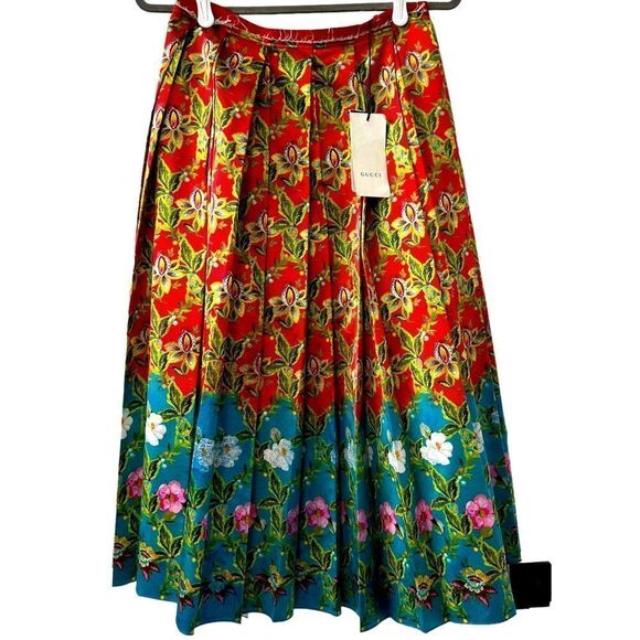 Gucci Pleated Midi Skirt Hibiscus Red Floral - Picture 1 of 8